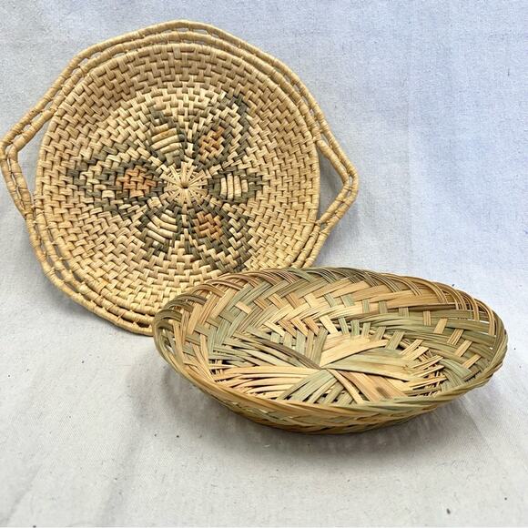 Vintage set of 2 southwest boho woven wicker basket/tray in natural & greens - Picture 1 of 16